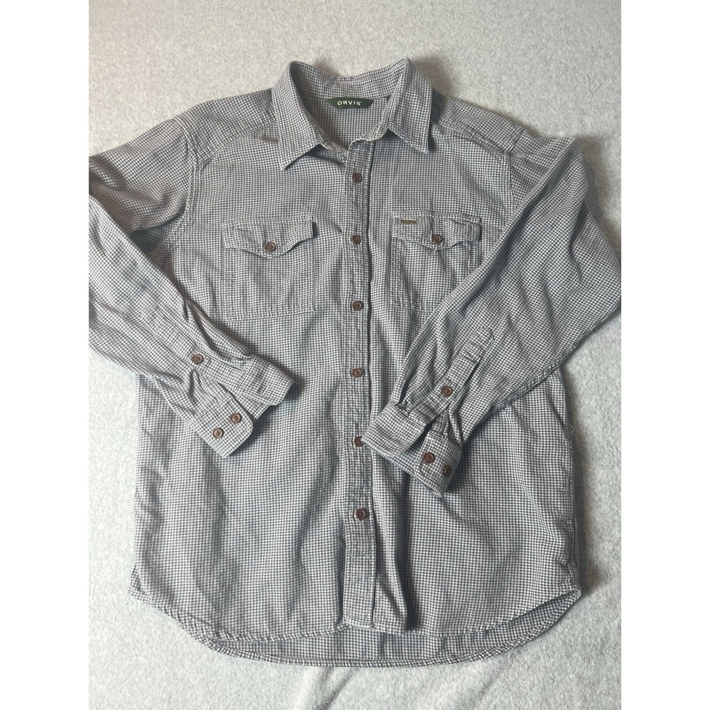 Orvis Fairbanks Houndstooth Flannel Grey Button Up Large Faux‎ Suede Trim